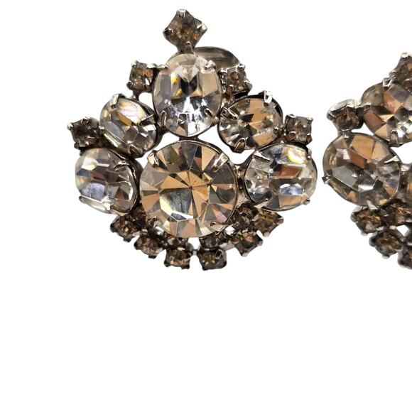 Vintage Bridal Prom Earrings Clip On Cluster Rhinestones Crystal Jewelry - Picture 2 of 9